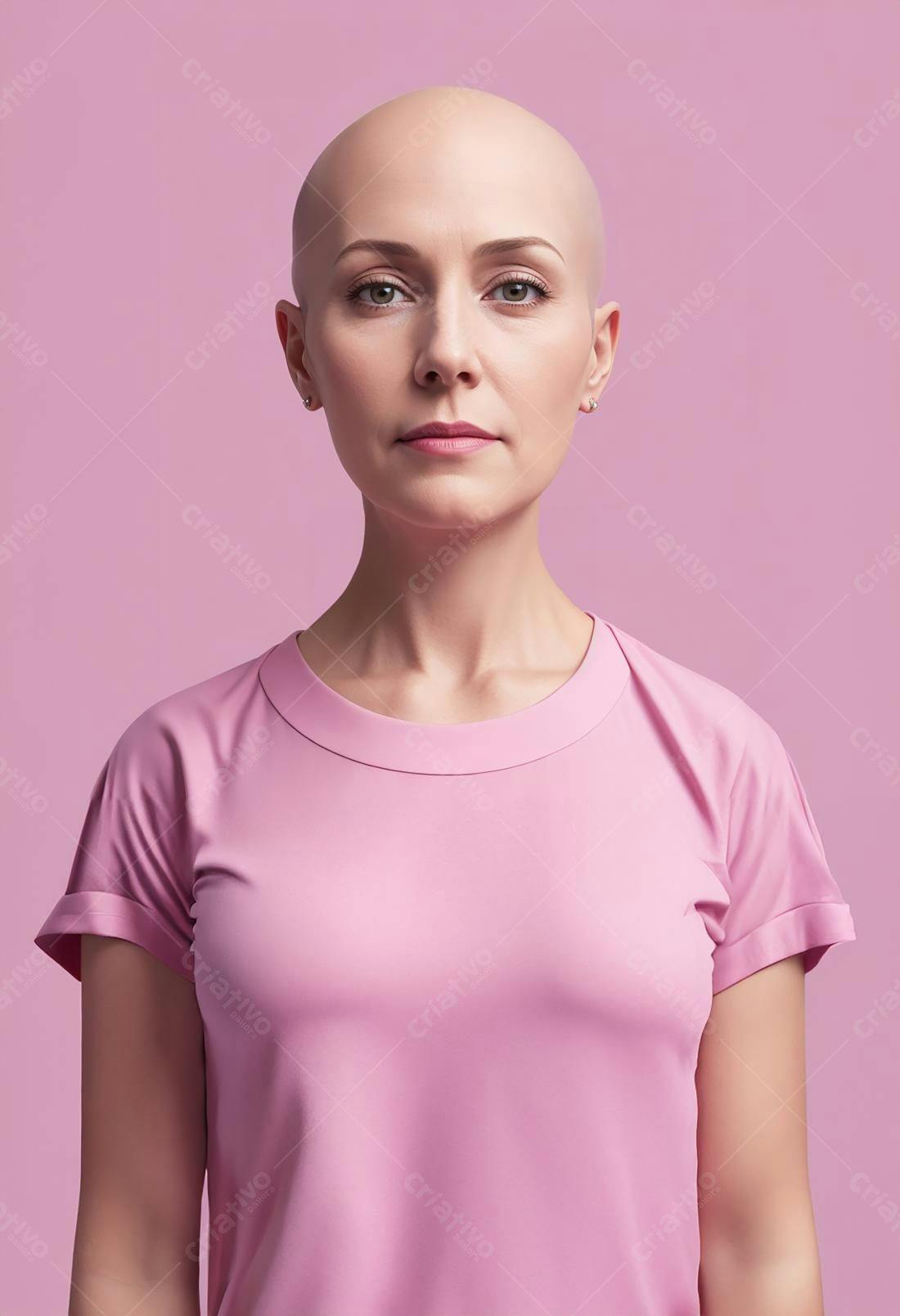 Mulher careca em camiseta rosa