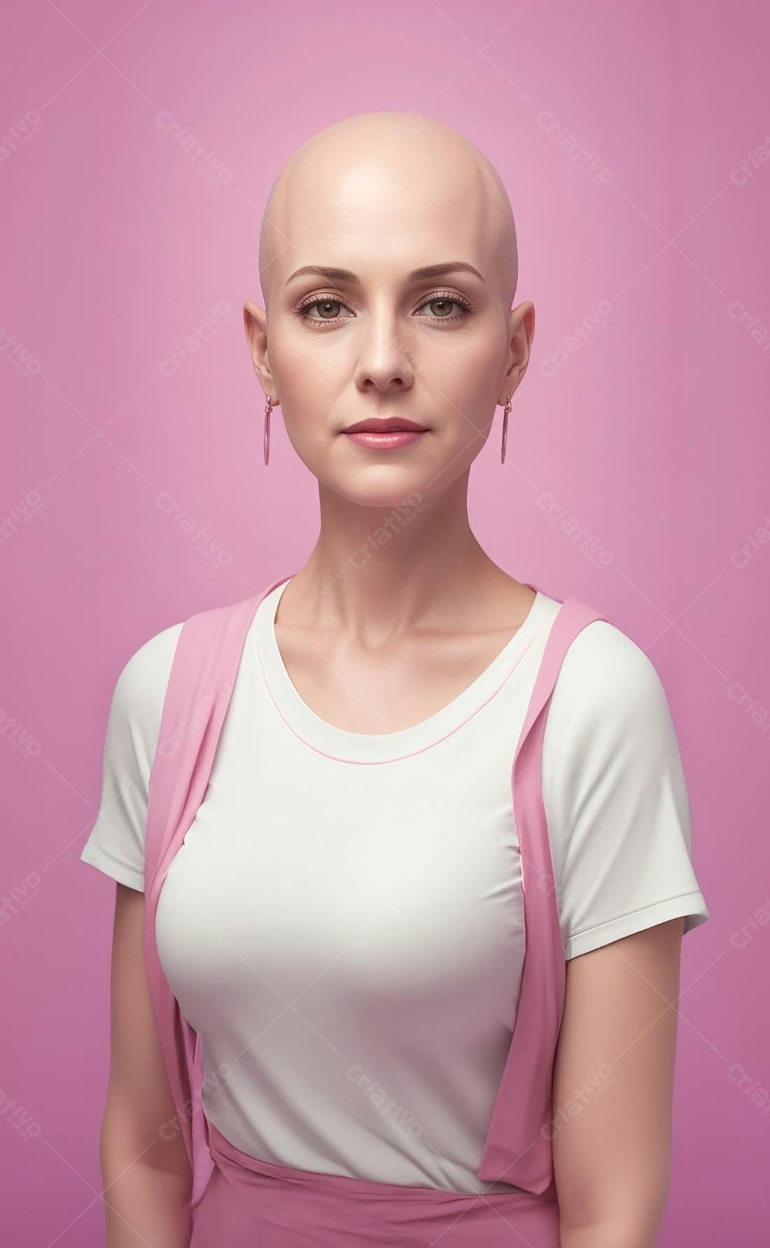 Mulher careca em fundo rosa usando roupa rosa