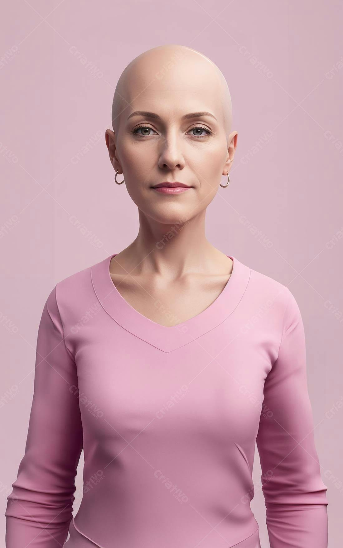 Mulher careca em blusa rosa