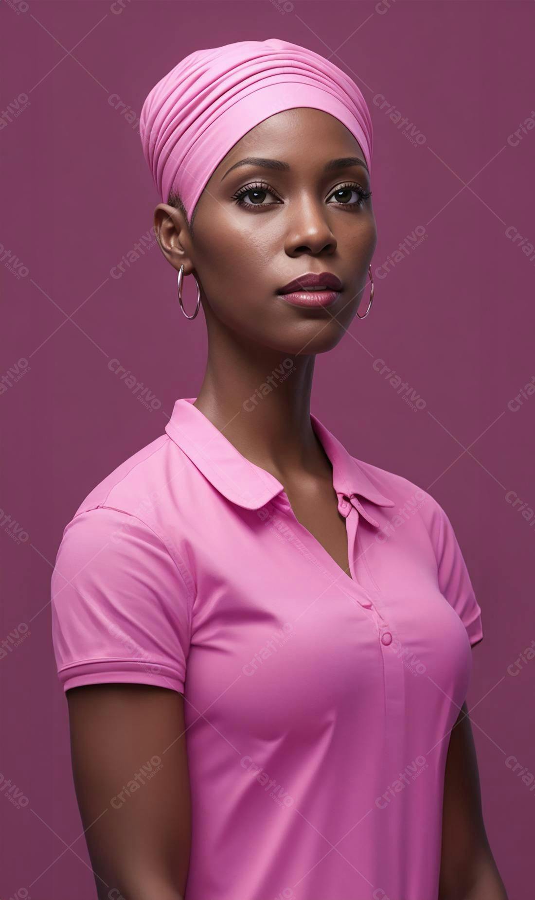Mulher negra usando turbante e camisa rosa