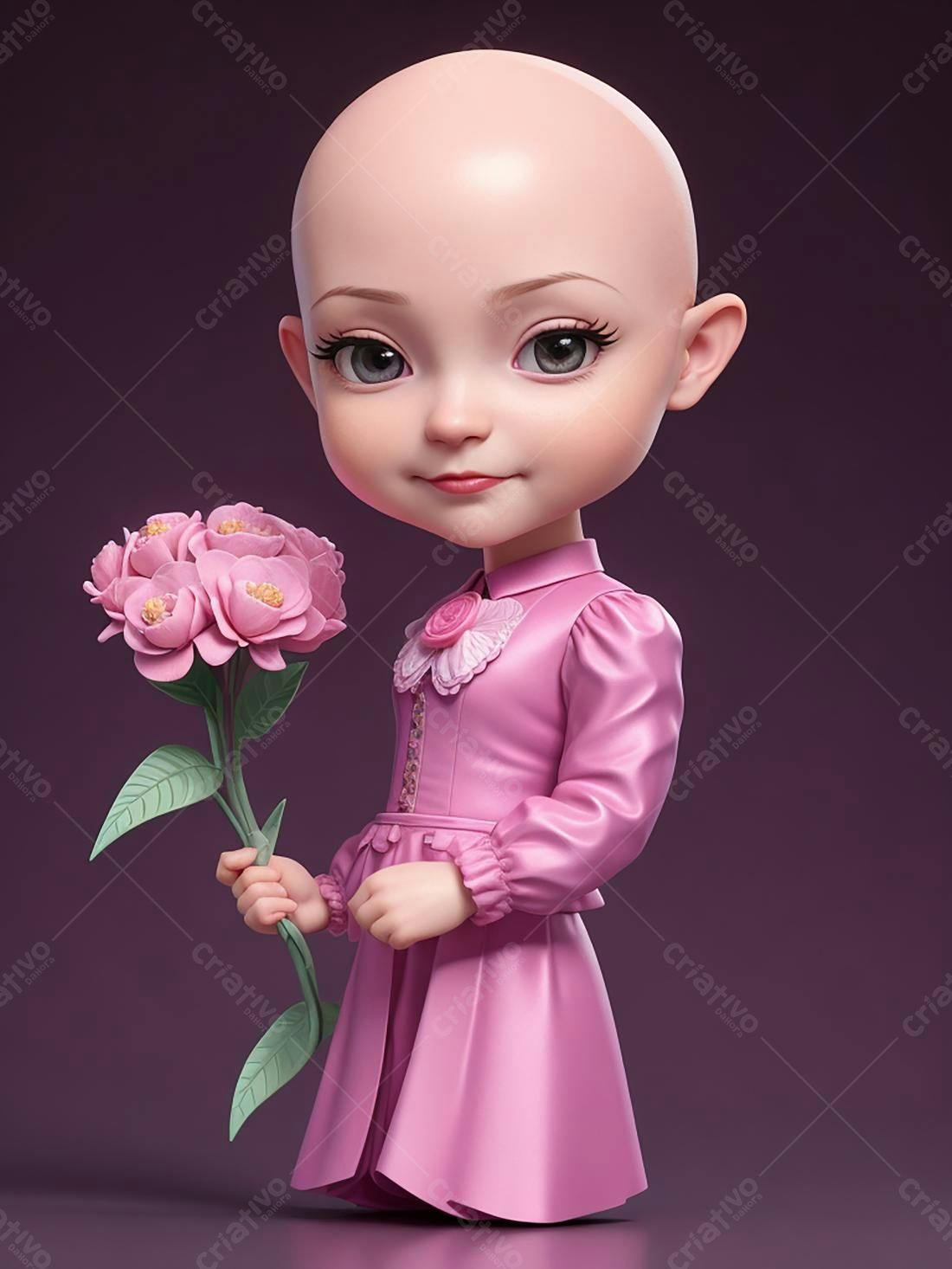 Menina careca com vestido rosa segurando flores