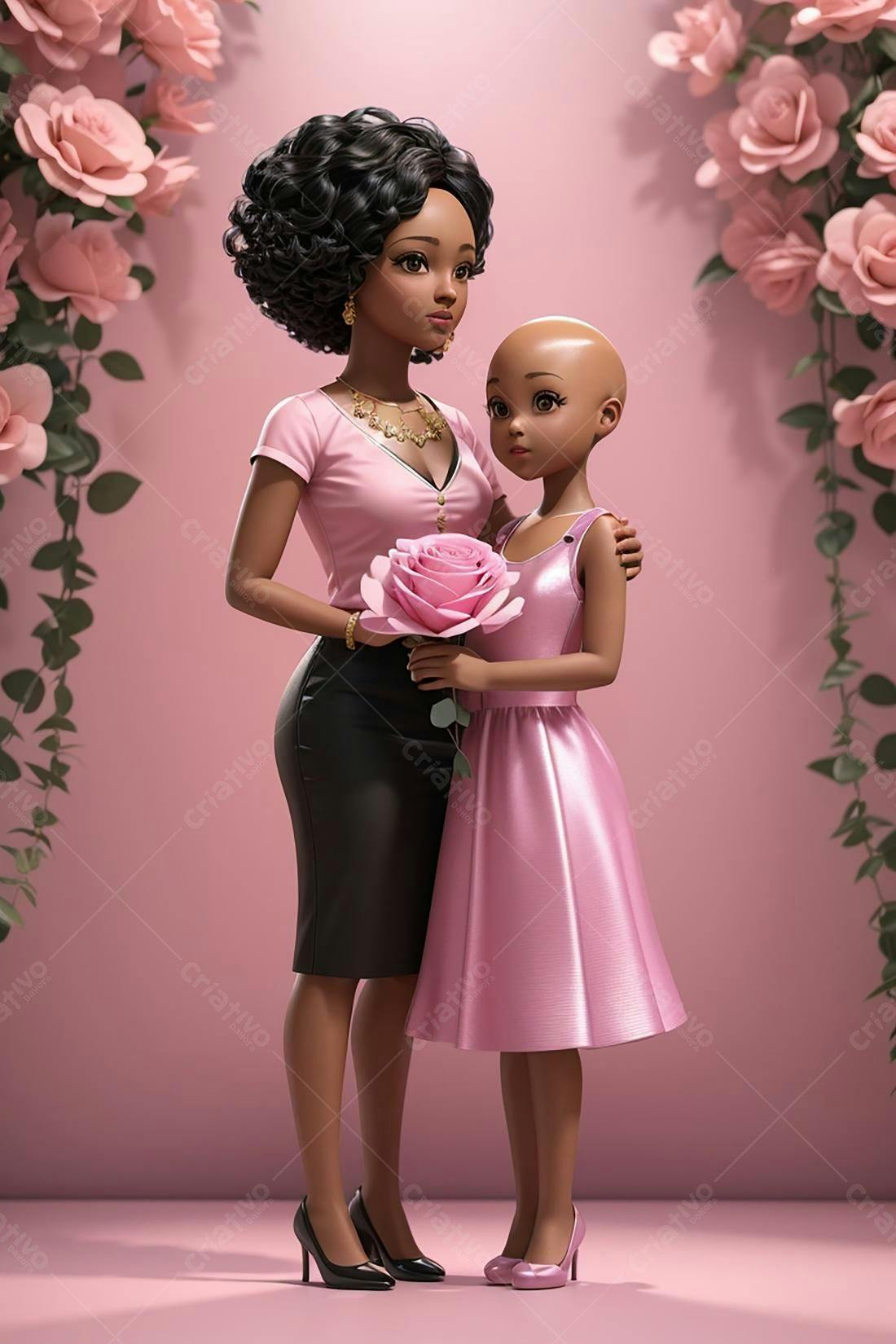 Mãe e filha afro-americanas em rosa