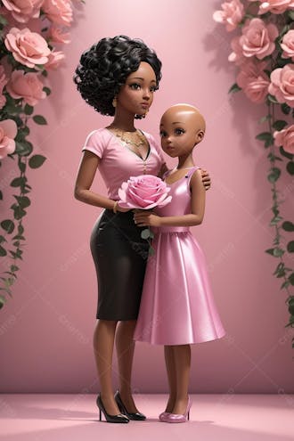 Mãe com a sua filha careca, personagem 3d, combate contra o câncer, outubro rosa