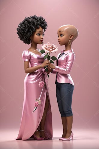 Mãe com a sua filha careca, personagem 3d, combate contra o câncer, outubro rosa