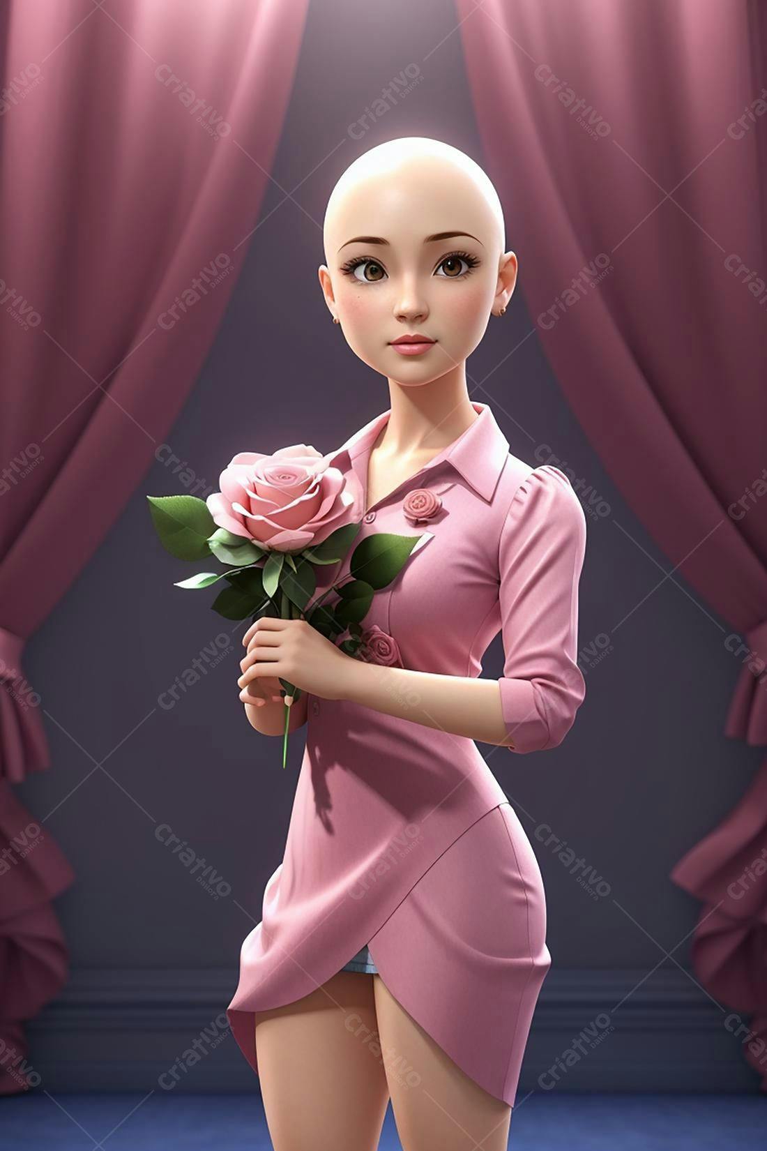 Mulher careca com vestido rosa segurando rosas