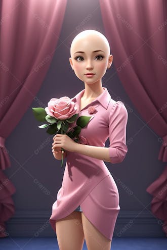 Mulher careca, personagem 3d, combate contra o câncer, outubro rosa