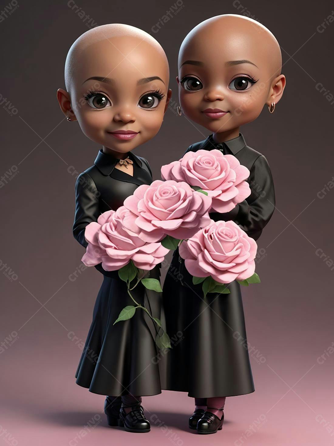 Gêmeas calvas com rosas cor-de-rosa