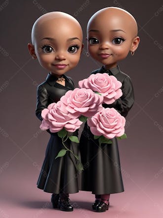 Duas garotas negras carecas, personagem 3d, combate contra o câncer, outubro rosa