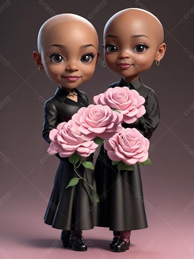 Duas garotas negras carecas, personagem 3d, combate contra o câncer, outubro rosa