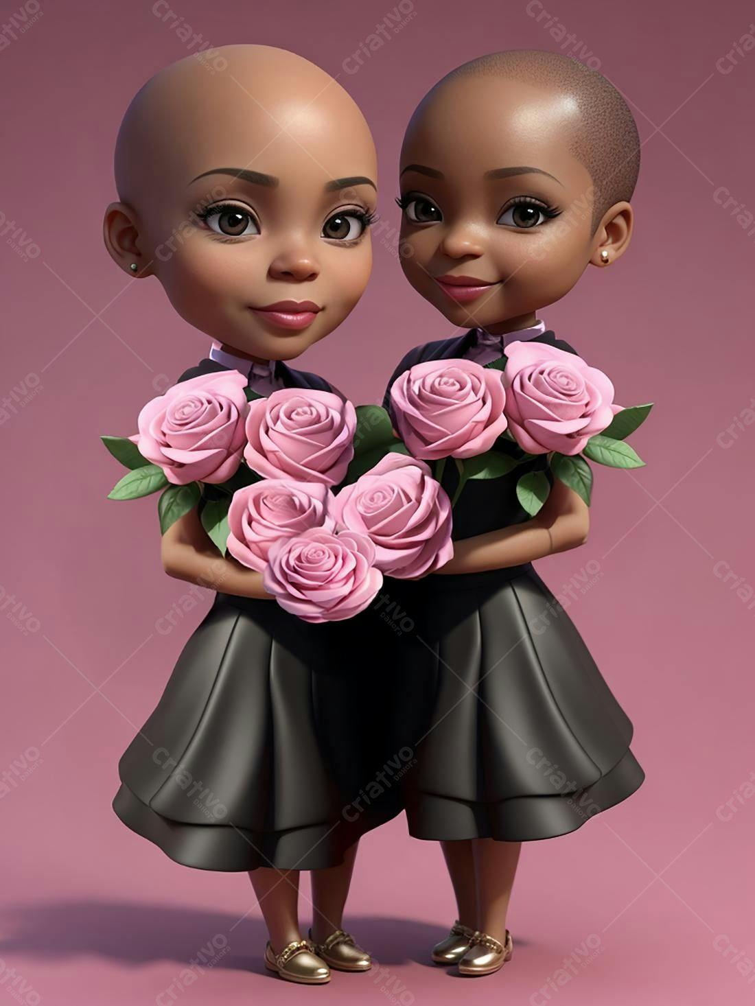 Gêmeas negras com rosas cor-de-rosa