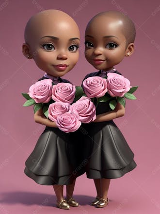 Duas garotas negras carecas, personagem 3d, combate contra o câncer, outubro rosa