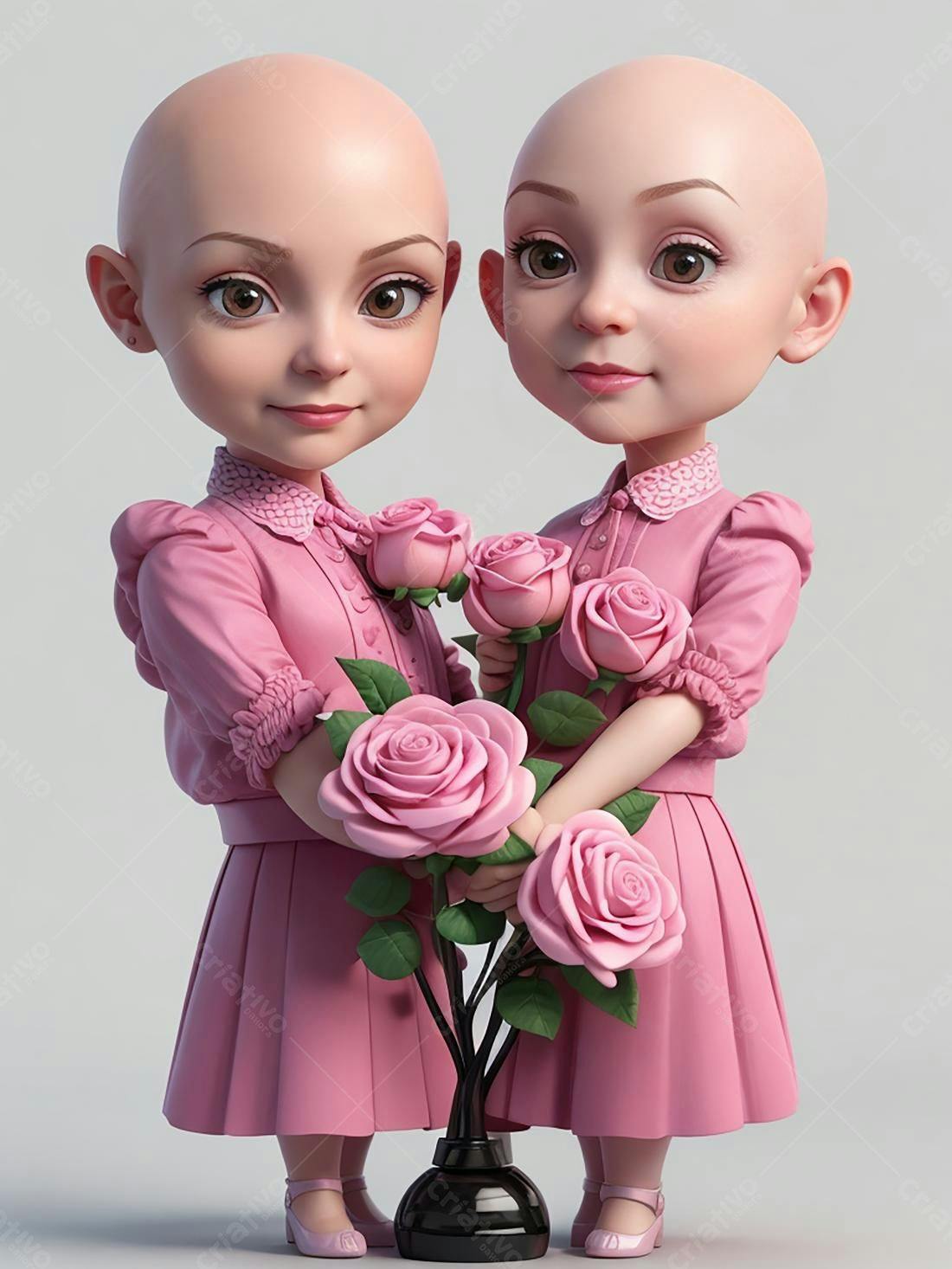 Gêmeas calvas com rosas rosa