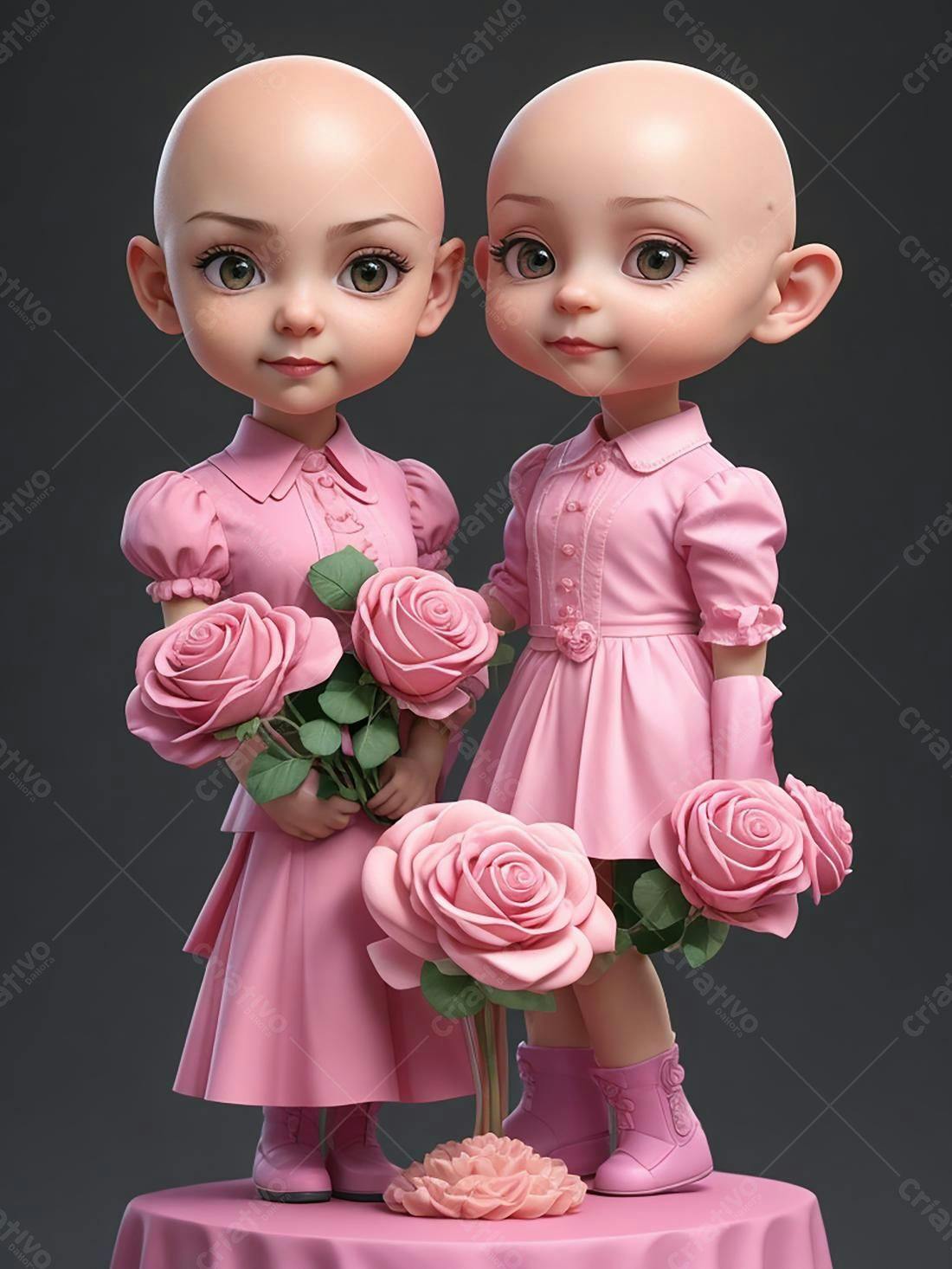 Gêmeas calvas com rosas em vestidos rosa