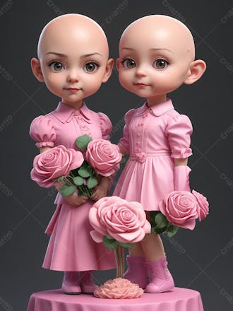 Duas garotas carecas, personagem 3d, combate contra o câncer, outubro rosa
