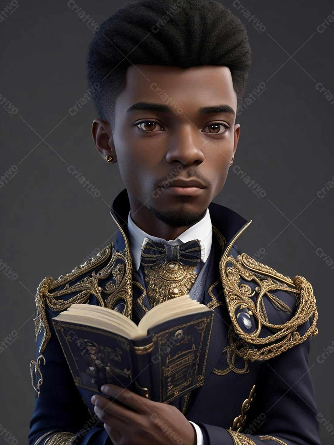 Homem negro lendo livro traje azul dourado