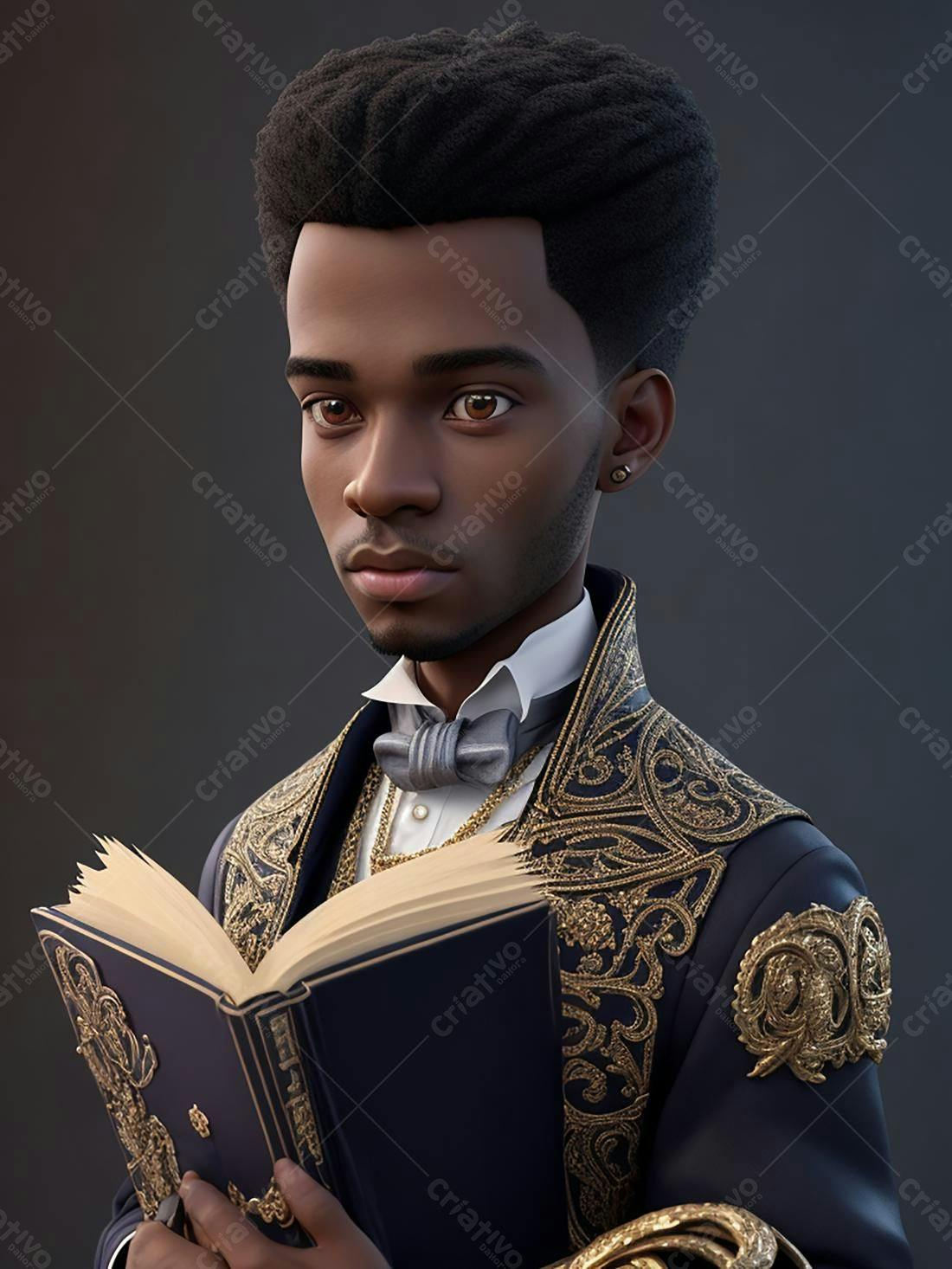 Homem negro lendo livro antigo traje dourado