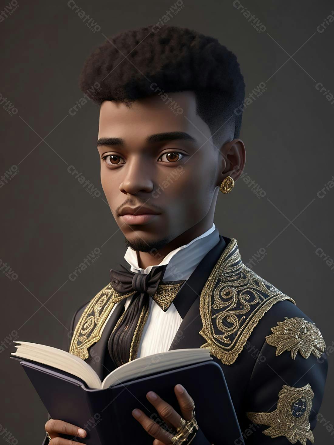 Homem negro lendo livro traje dourado