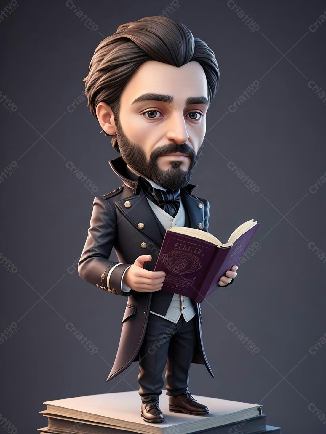 Ilustração 3D de homem lendo livro antigo