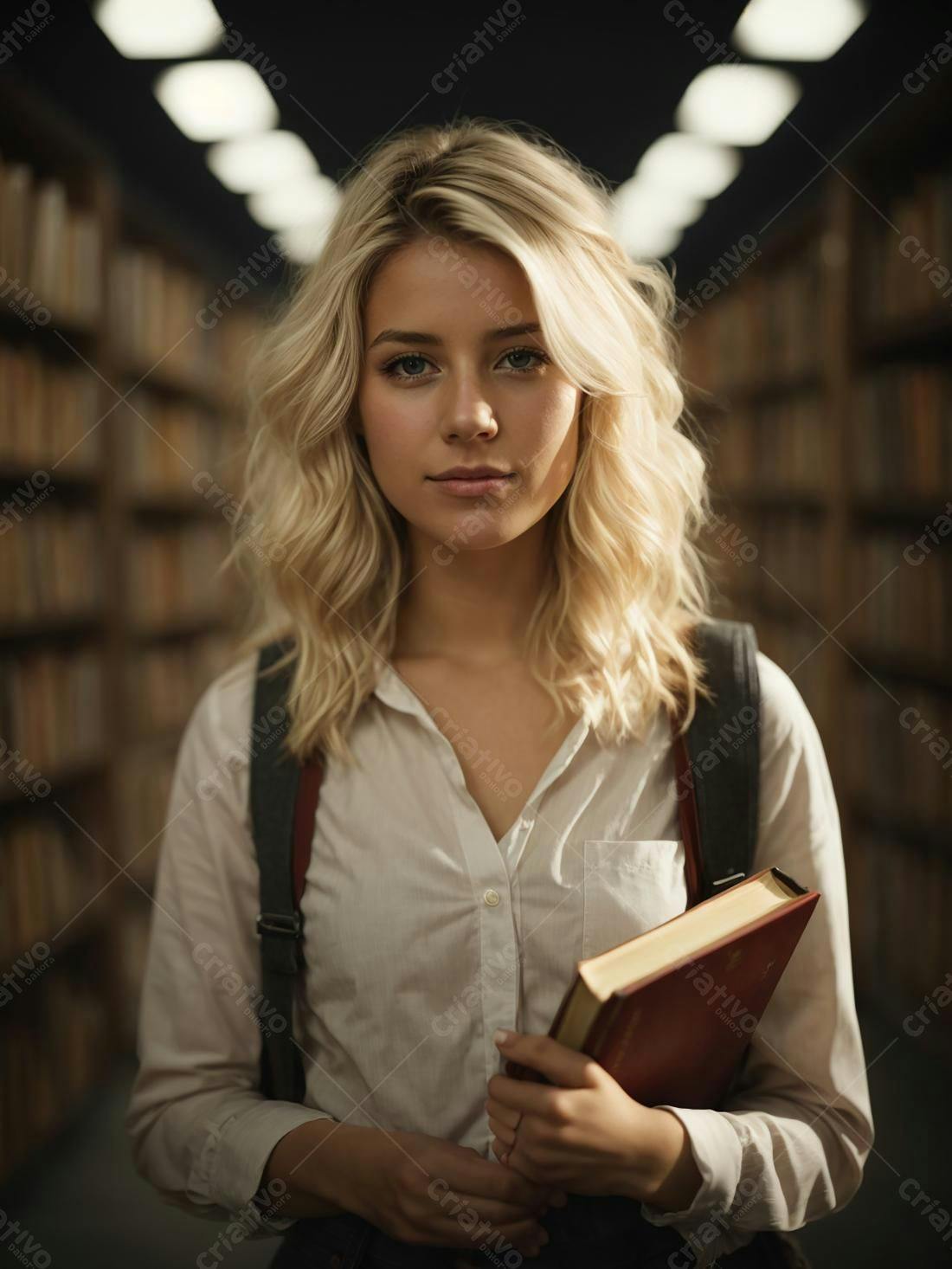 Estudante loira segurando livro em biblioteca