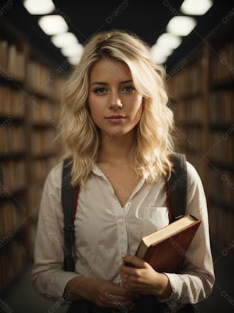 Uma jovem estudante em uma biblioteca