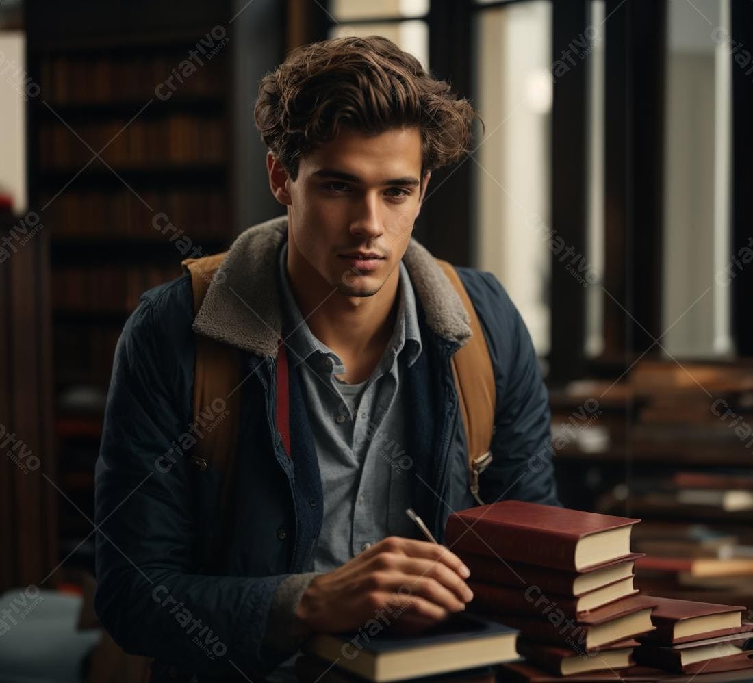Estudante focado em biblioteca com livros