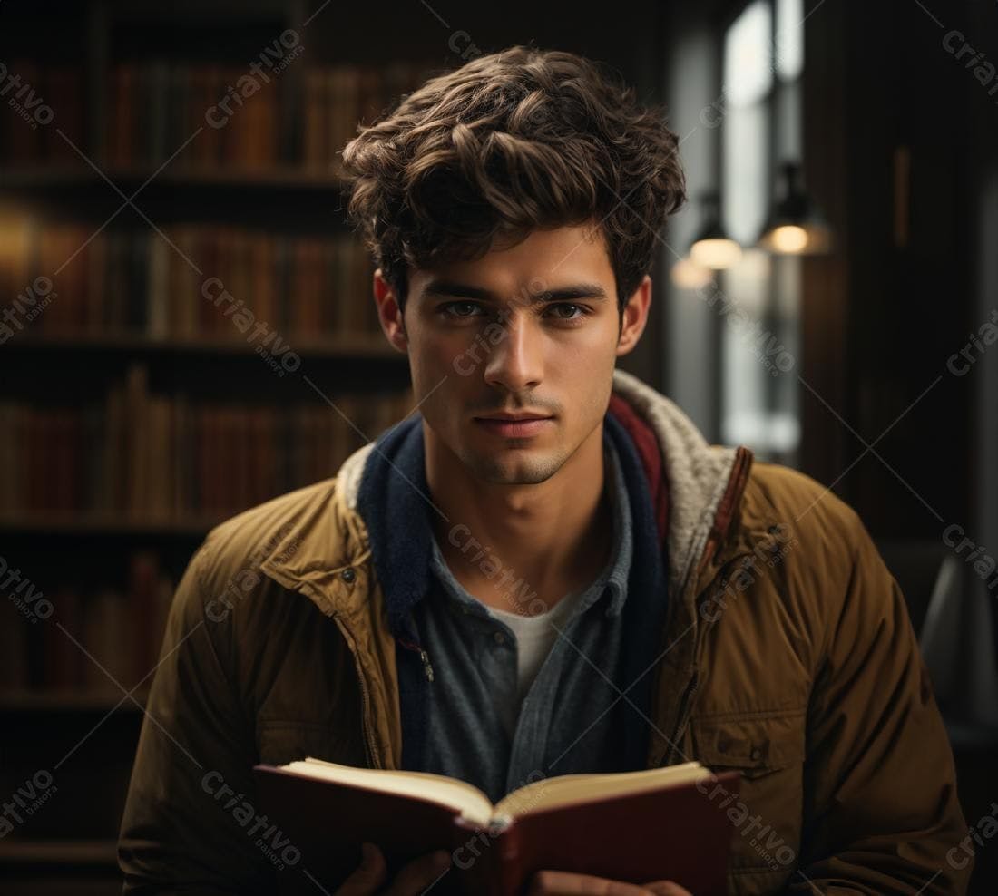 Homem lendo livro em biblioteca antiga