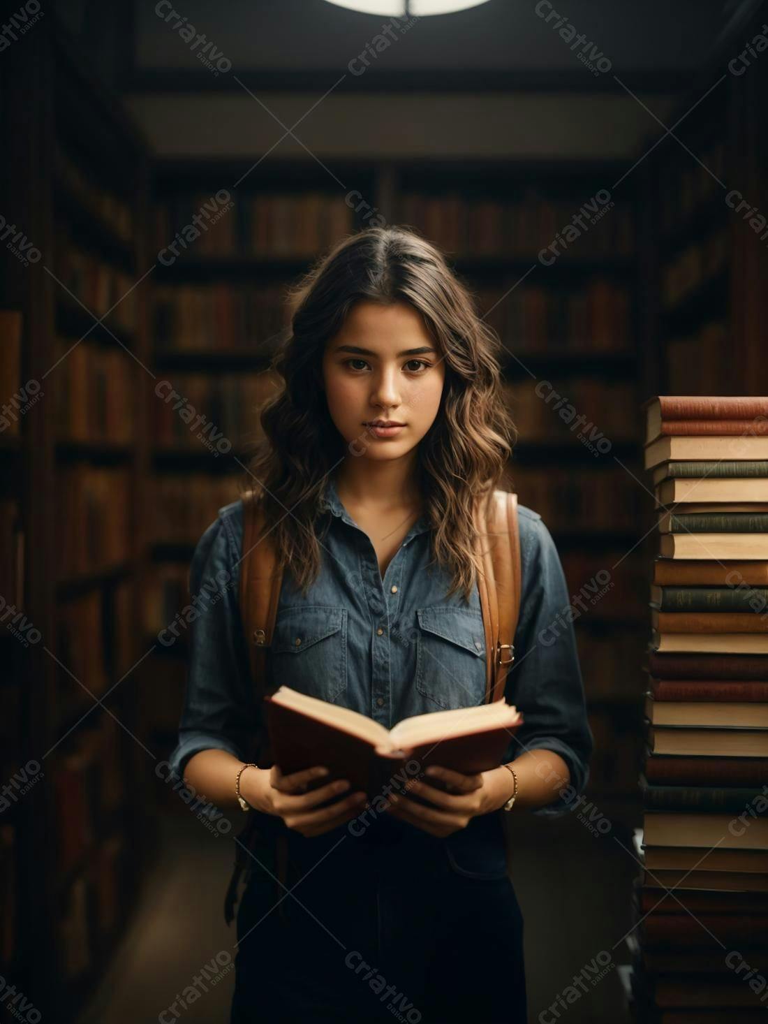 Estudante lendo livro em biblioteca antiga