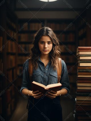 Jovem moça bonita lendo um livro na biblioteca