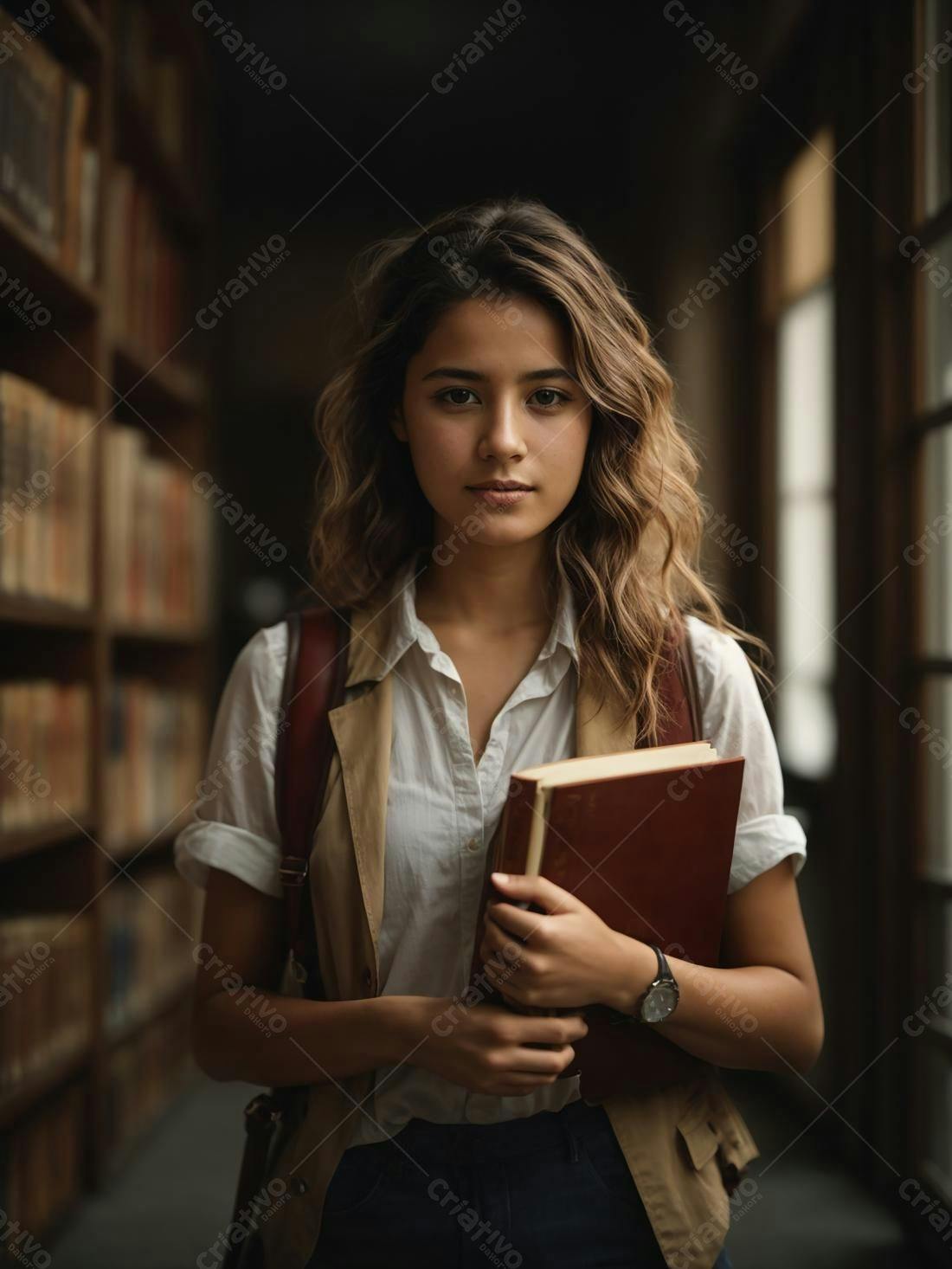 Estudante segurando livro em biblioteca