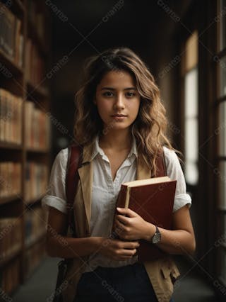 Jovem estudante moça bonita lendo um livro na biblioteca