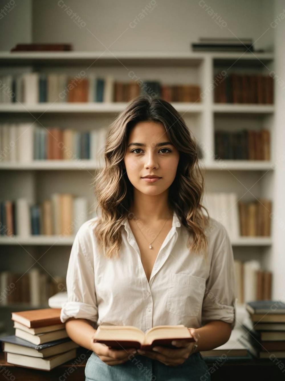 Jovem moça bonita lendo um livro na biblioteca