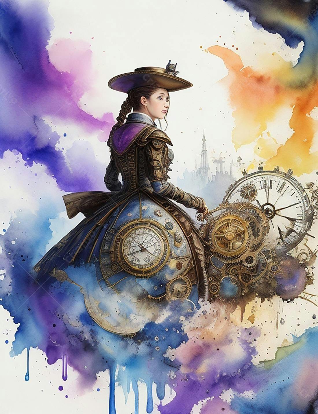 Dama steampunk com relógios e aquarela