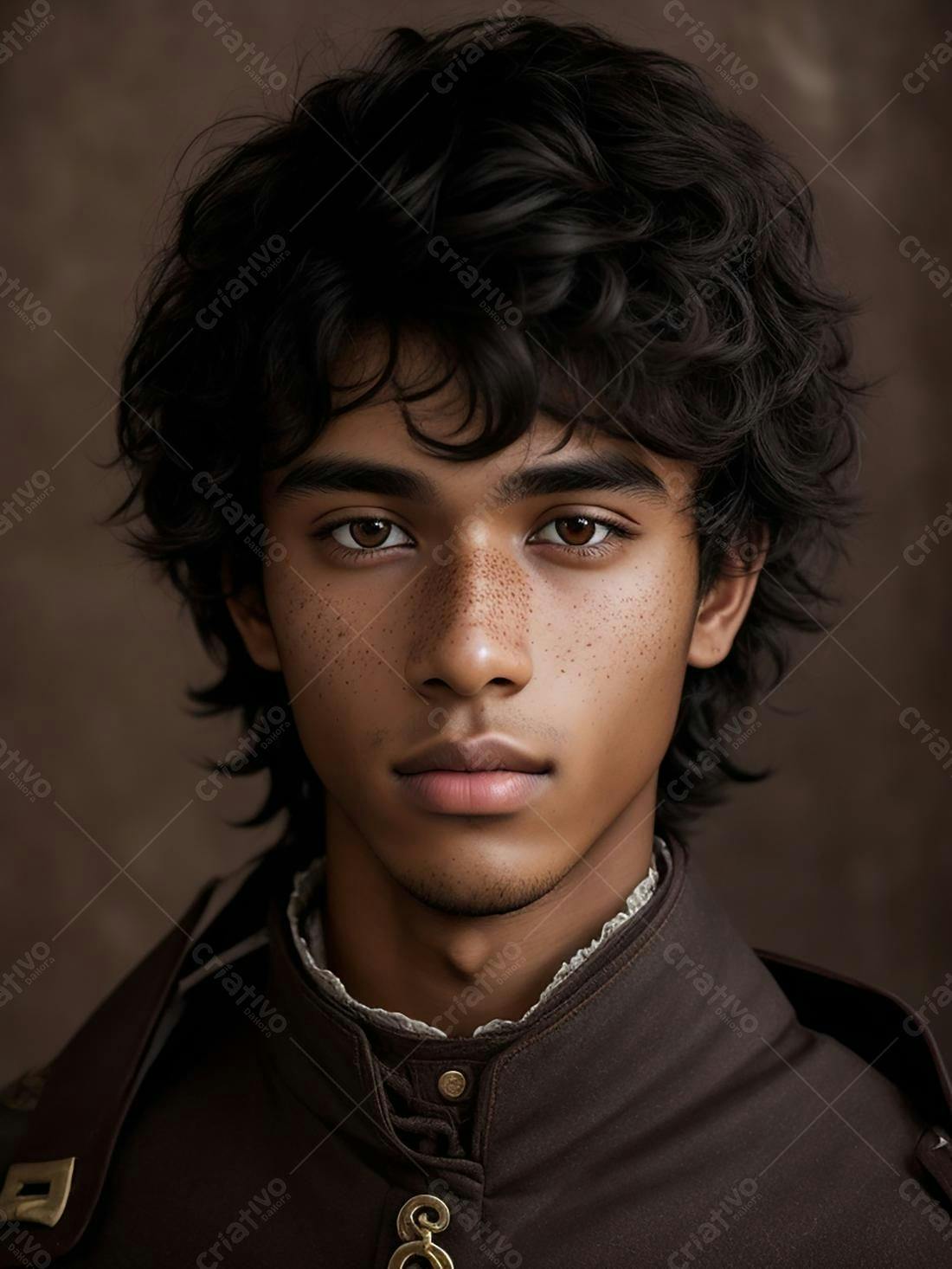 Retrato jovem homem pele morena cabelos cacheados