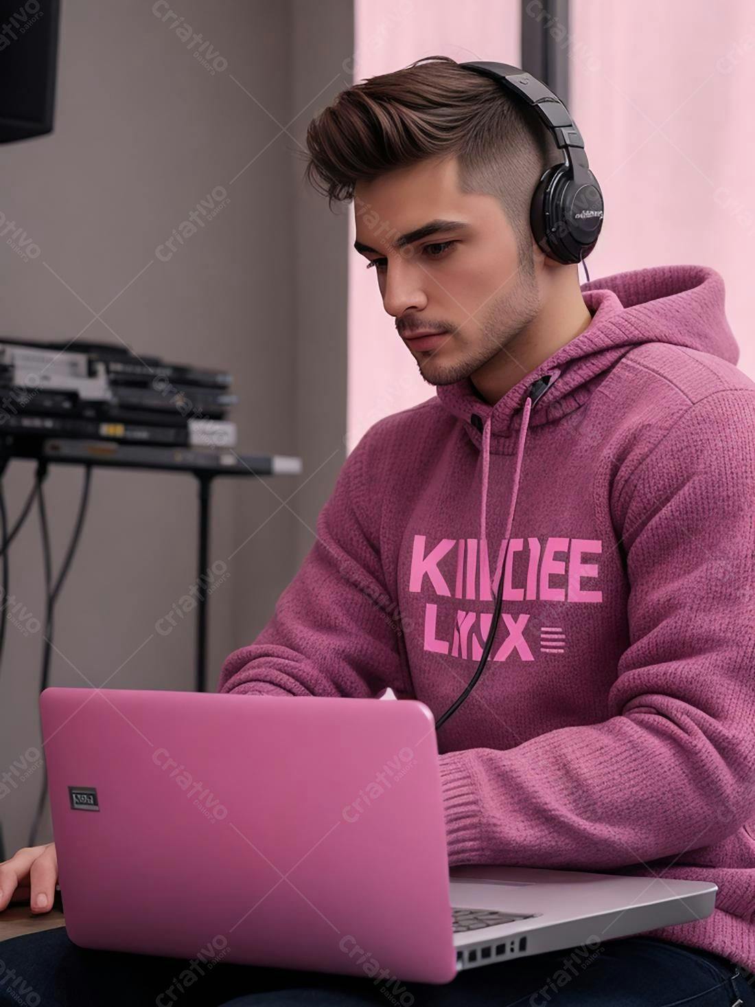 Homem usando laptop rosa com fones de ouvido