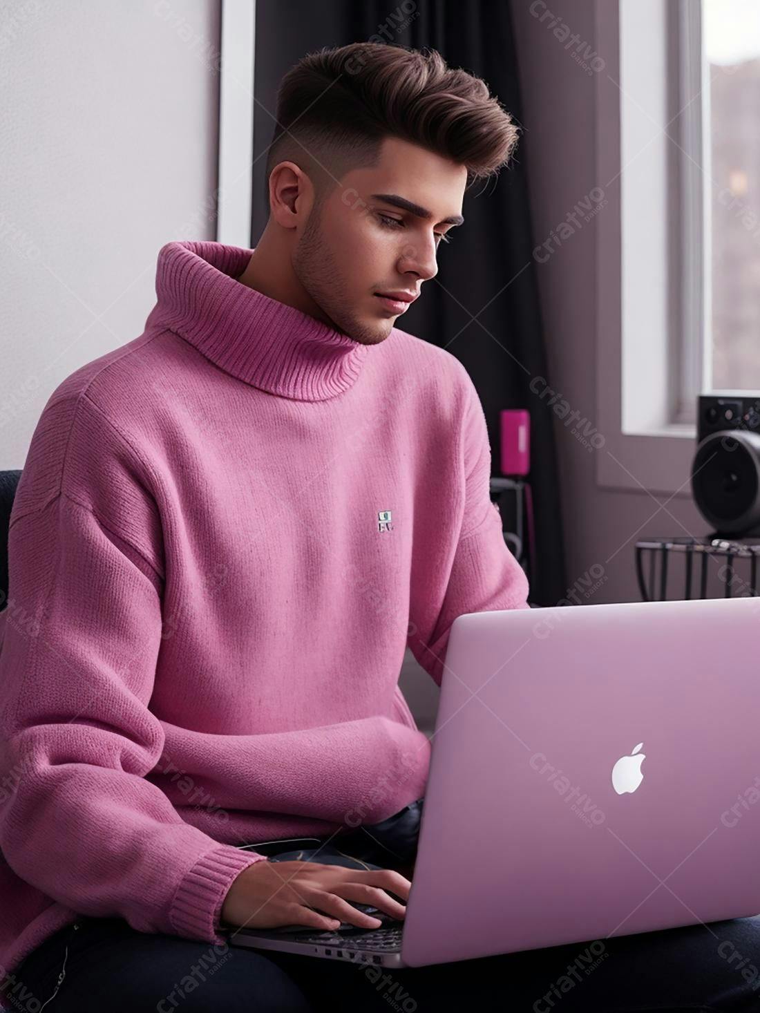 Homem usando suéter rosa trabalhando em laptop
