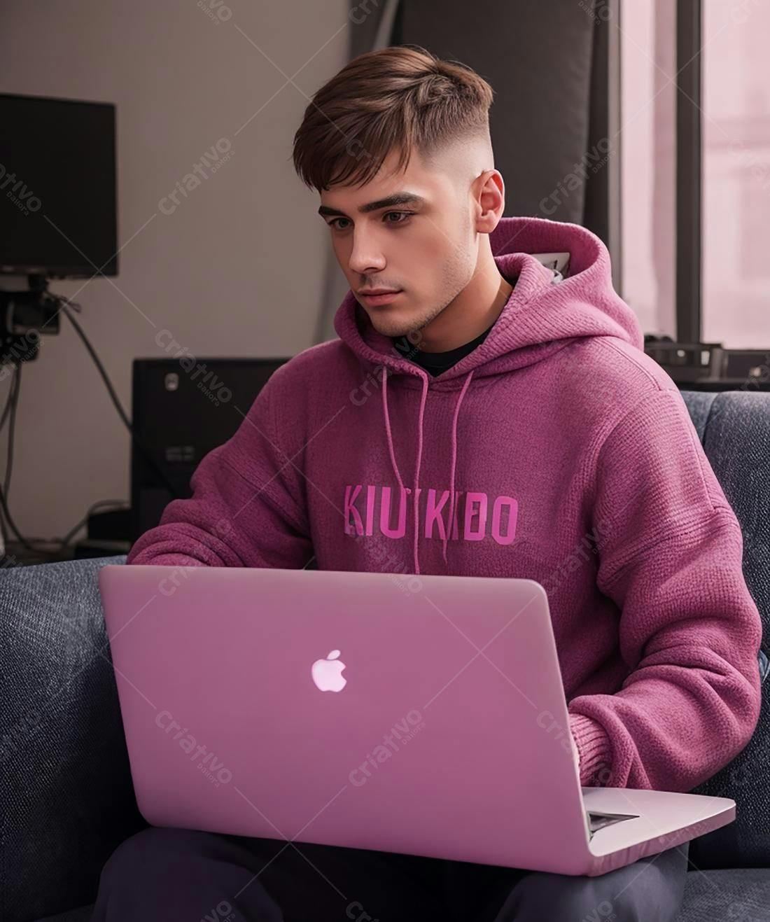 Homem usando laptop rosa em casaco roxo