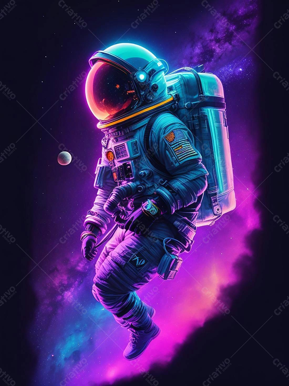 Astronauta flutuando no espaço roxo e azul