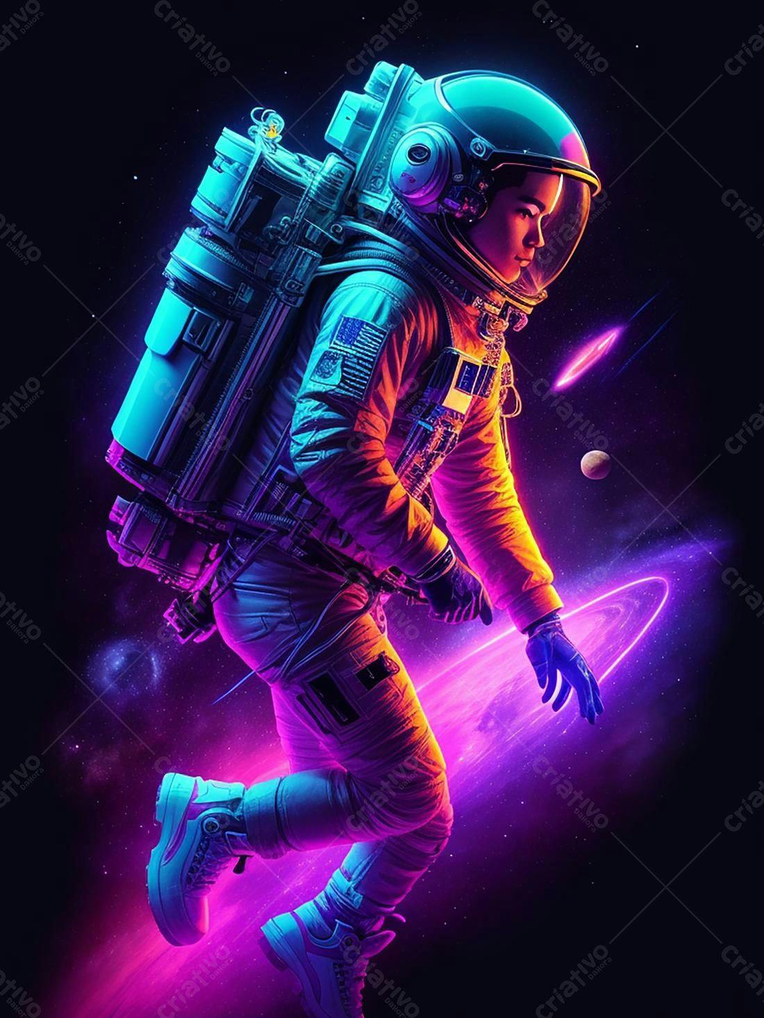 Astronauta flutuando no espaço cores vibrantes