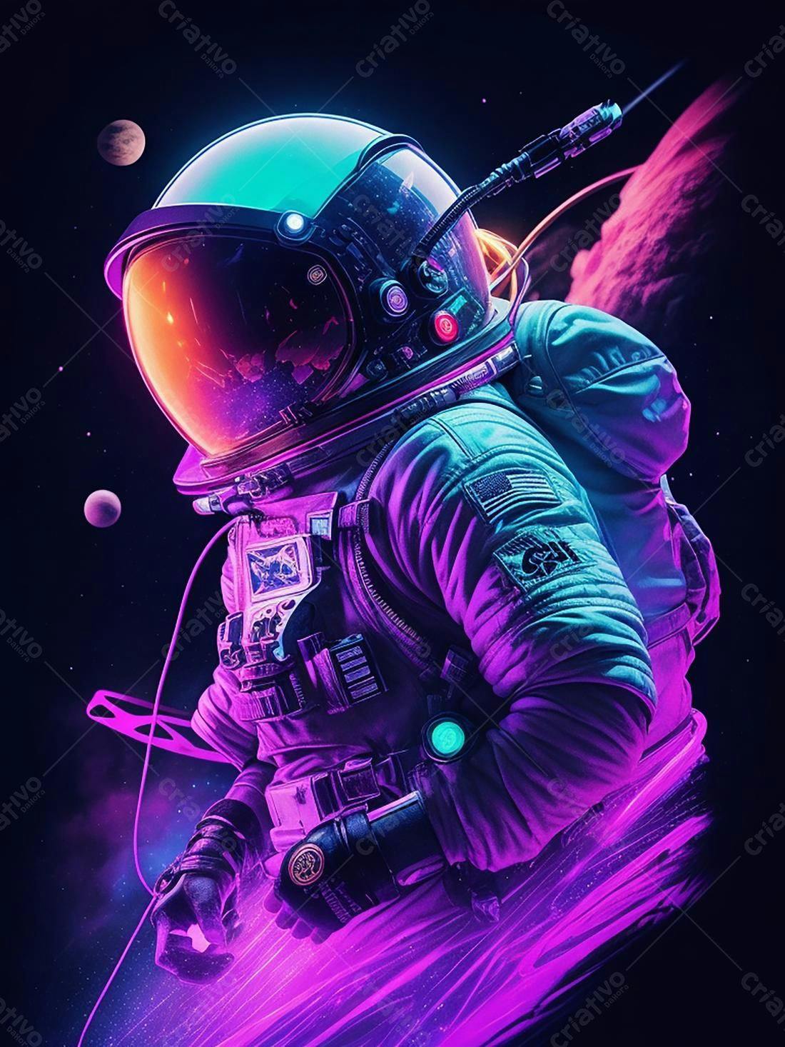 Astronauta em traje espacial roxo e azul
