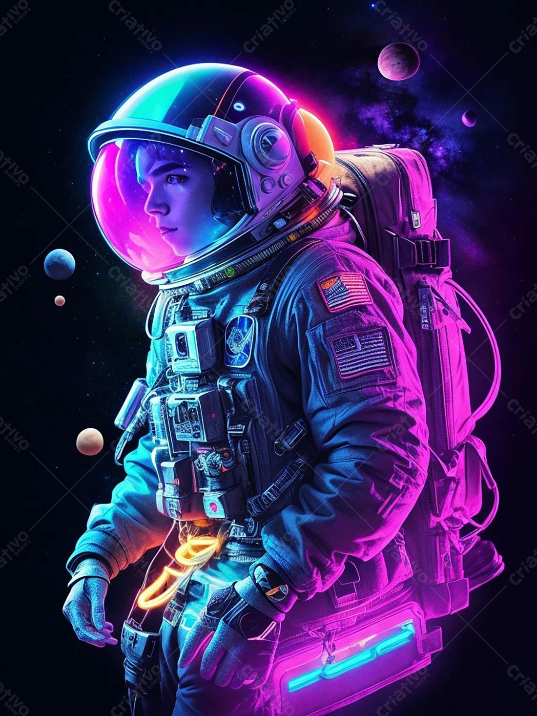 Astronauta em traje espacial com luzes neon