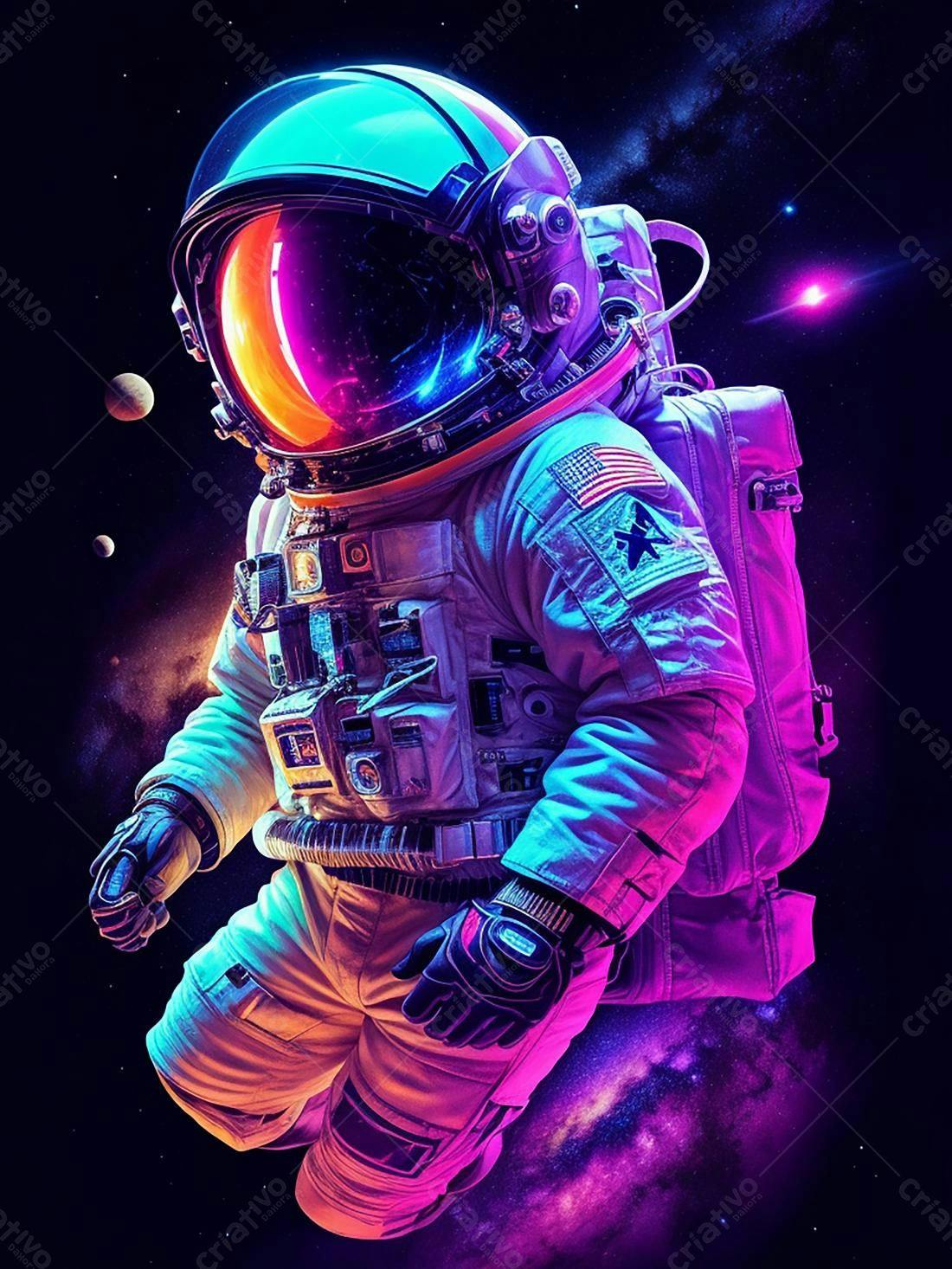 Astronauta flutuando no espaço cores vibrantes