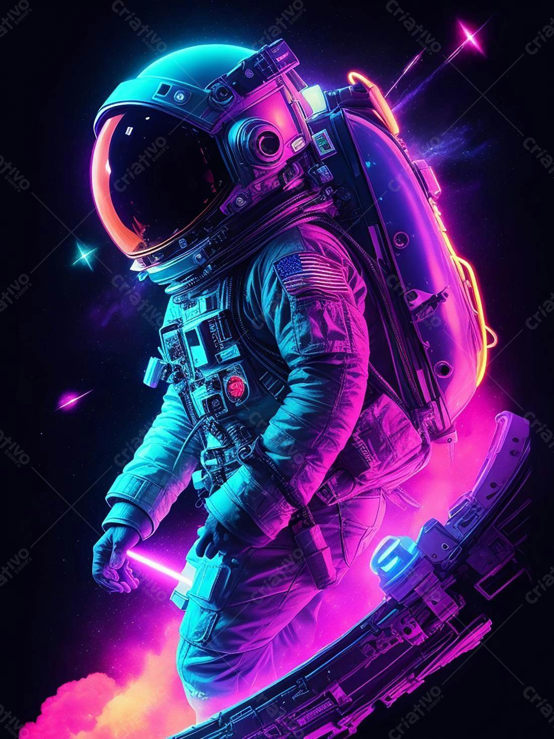 Astronauta em traje espacial estilo synthwave