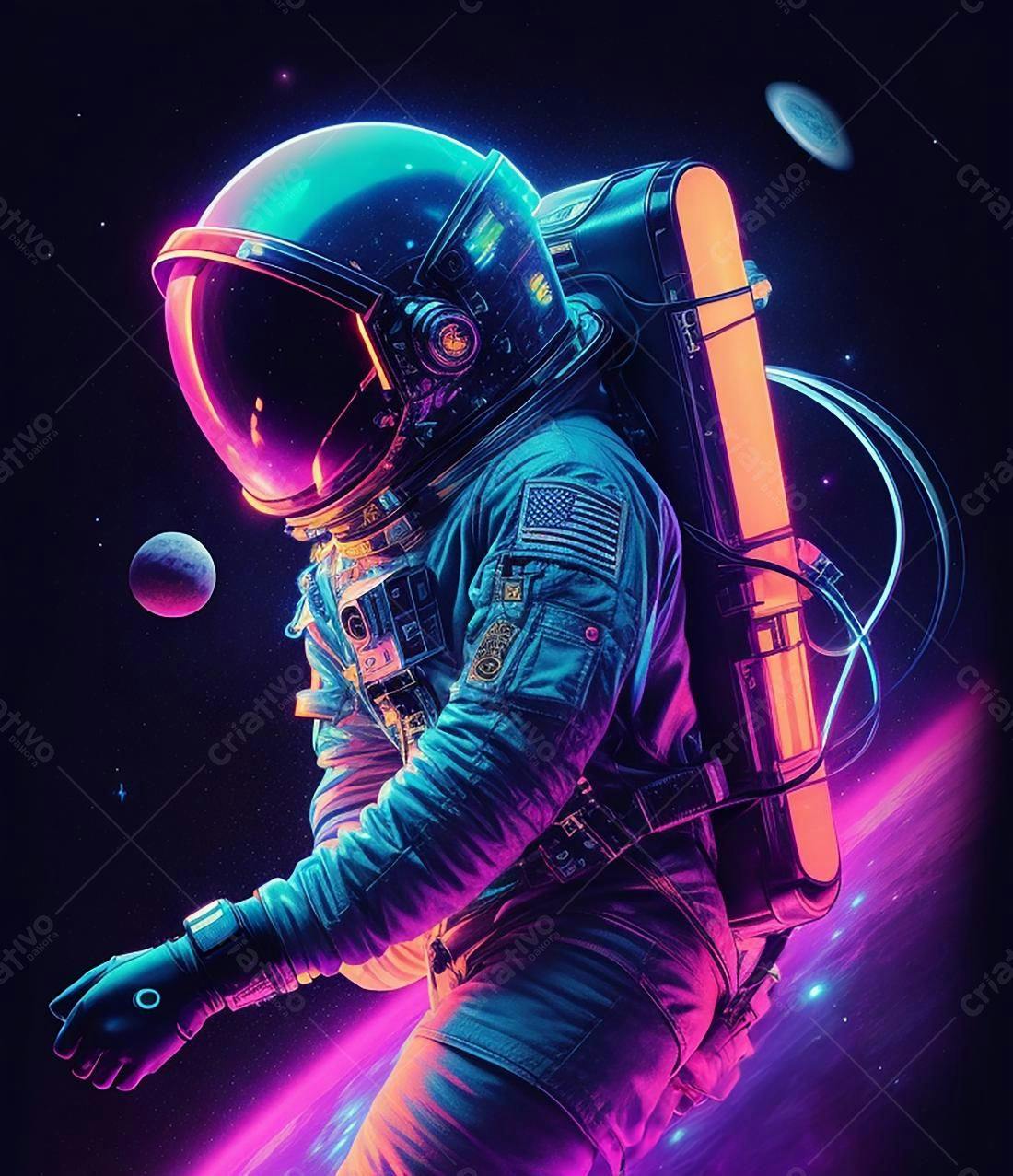 Astronauta flutuando no espaço cores vibrantes