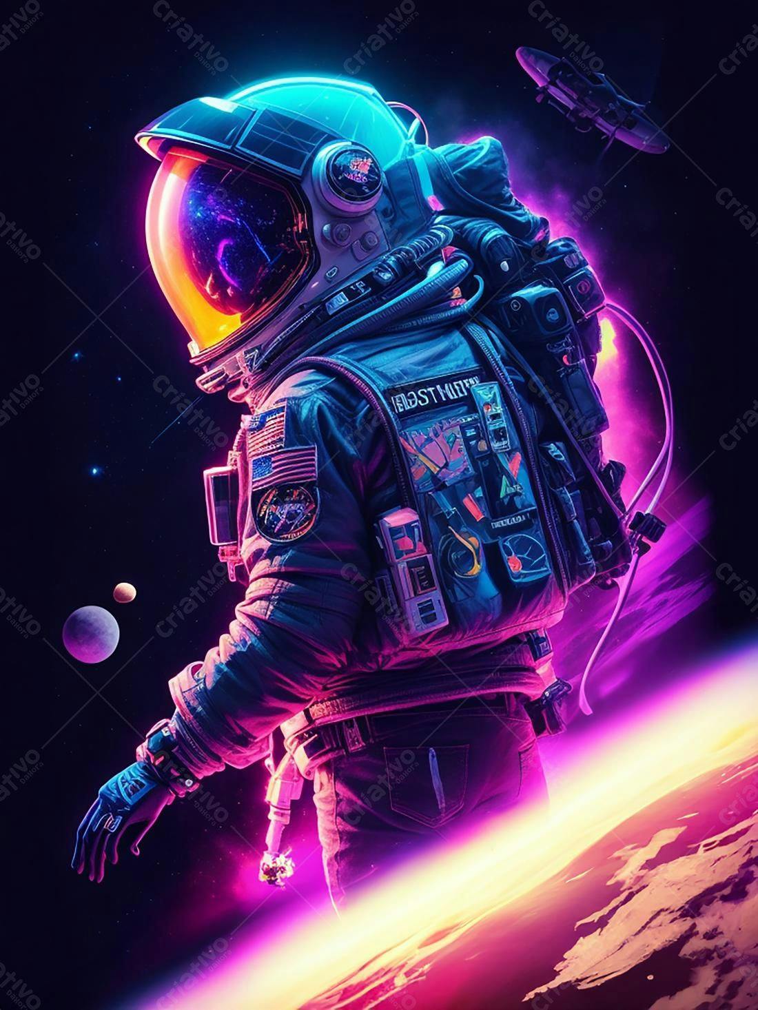Astronauta em traje espacial estilo synthwave