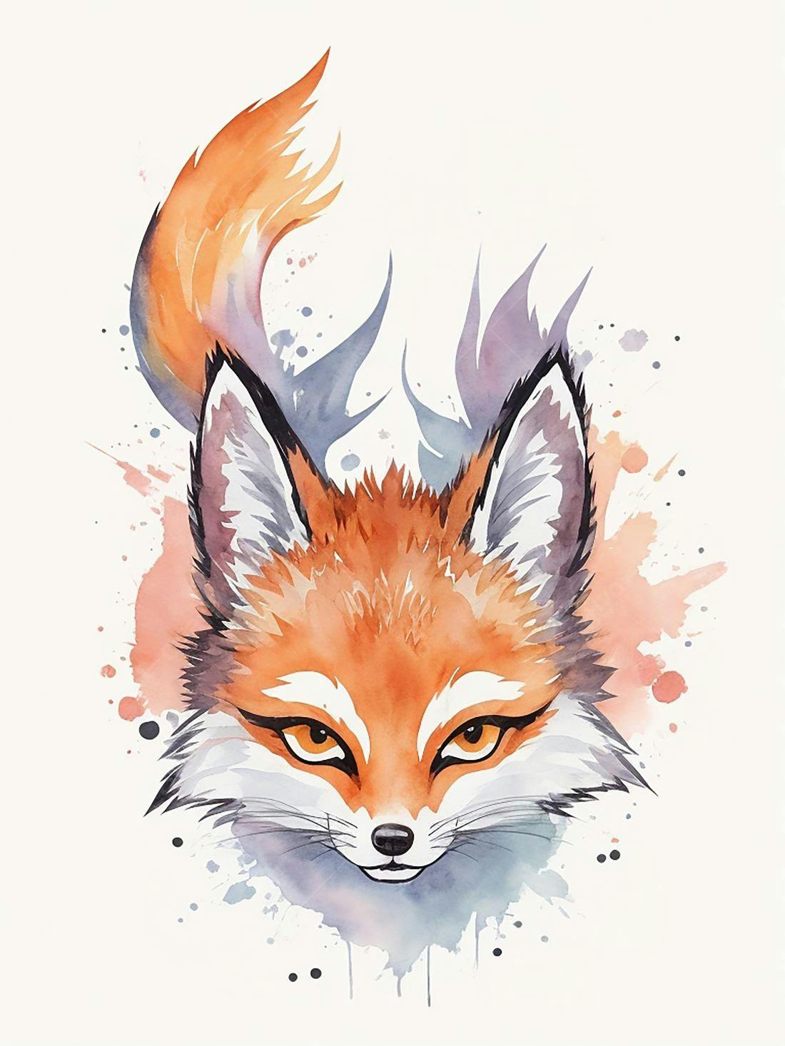 Raposa em aquarela laranja e roxa