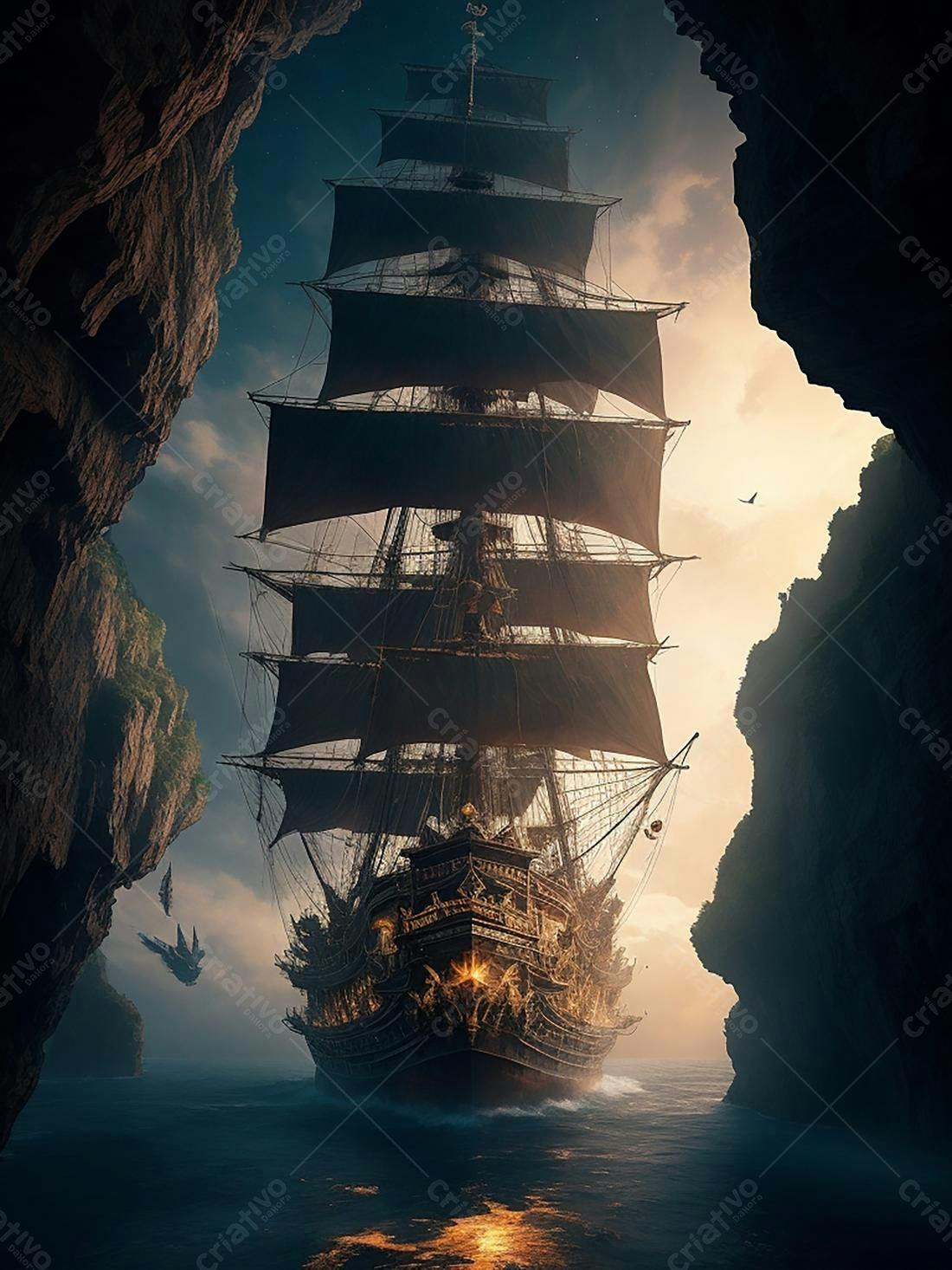 Navio Negro navegando entre rochedos ao entardecer