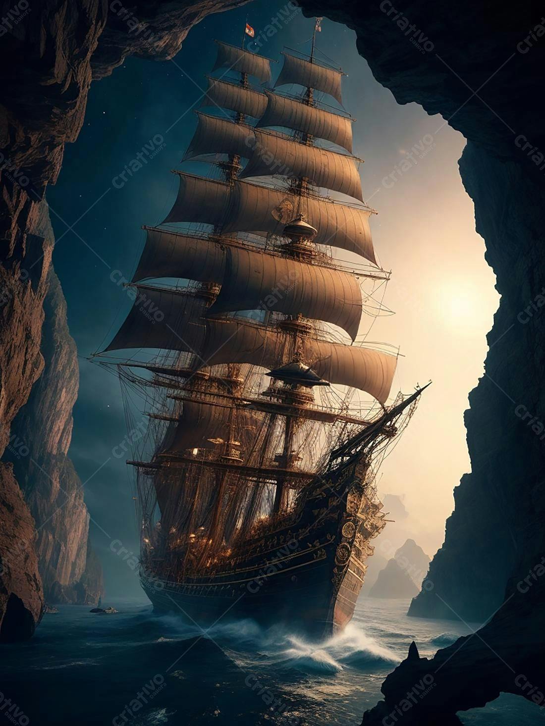 Navio antigo navegando em cavernas escuras