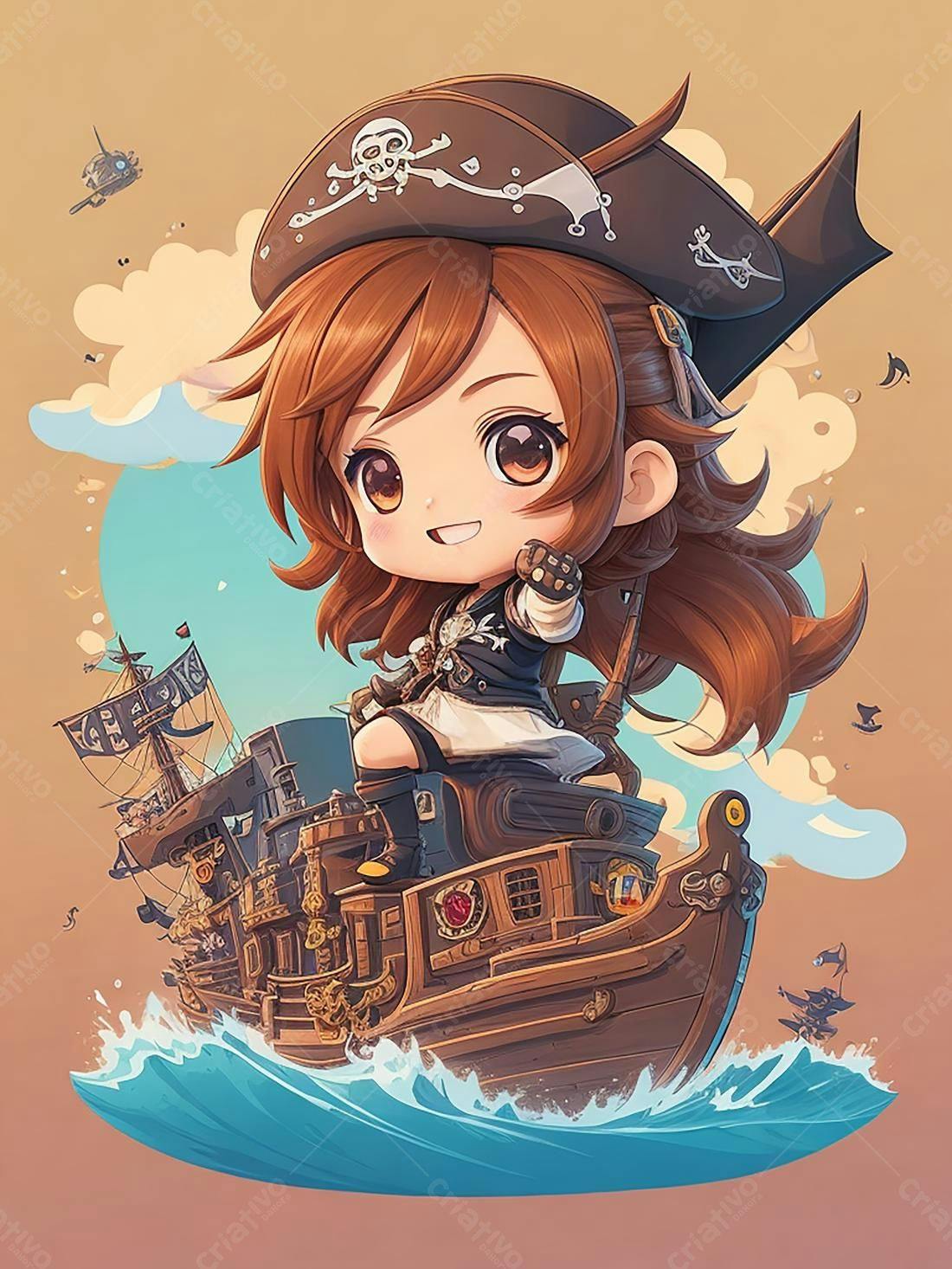 Capitã pirata chibi em navio antigo