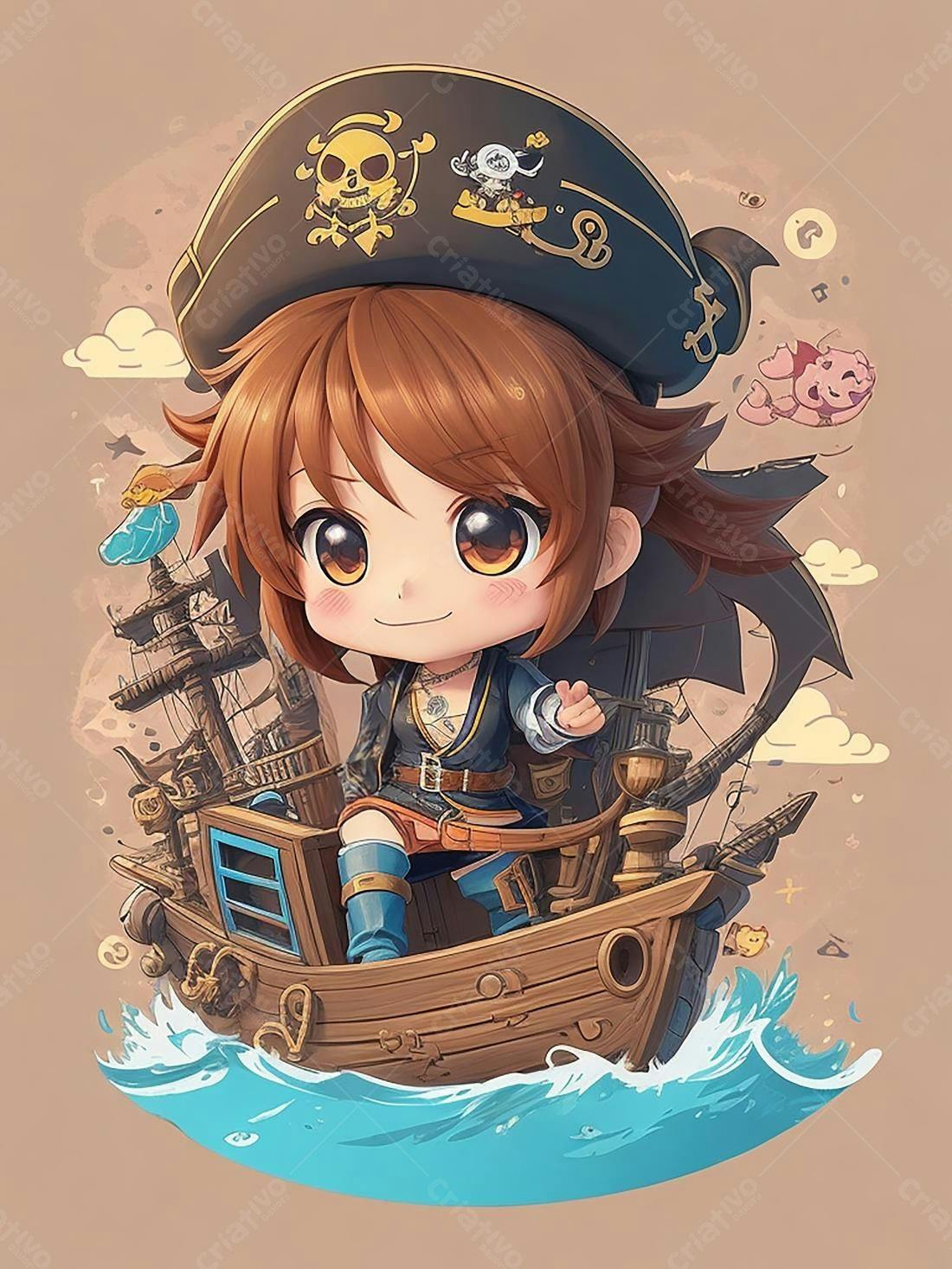Capitã chibi em navio de madeira