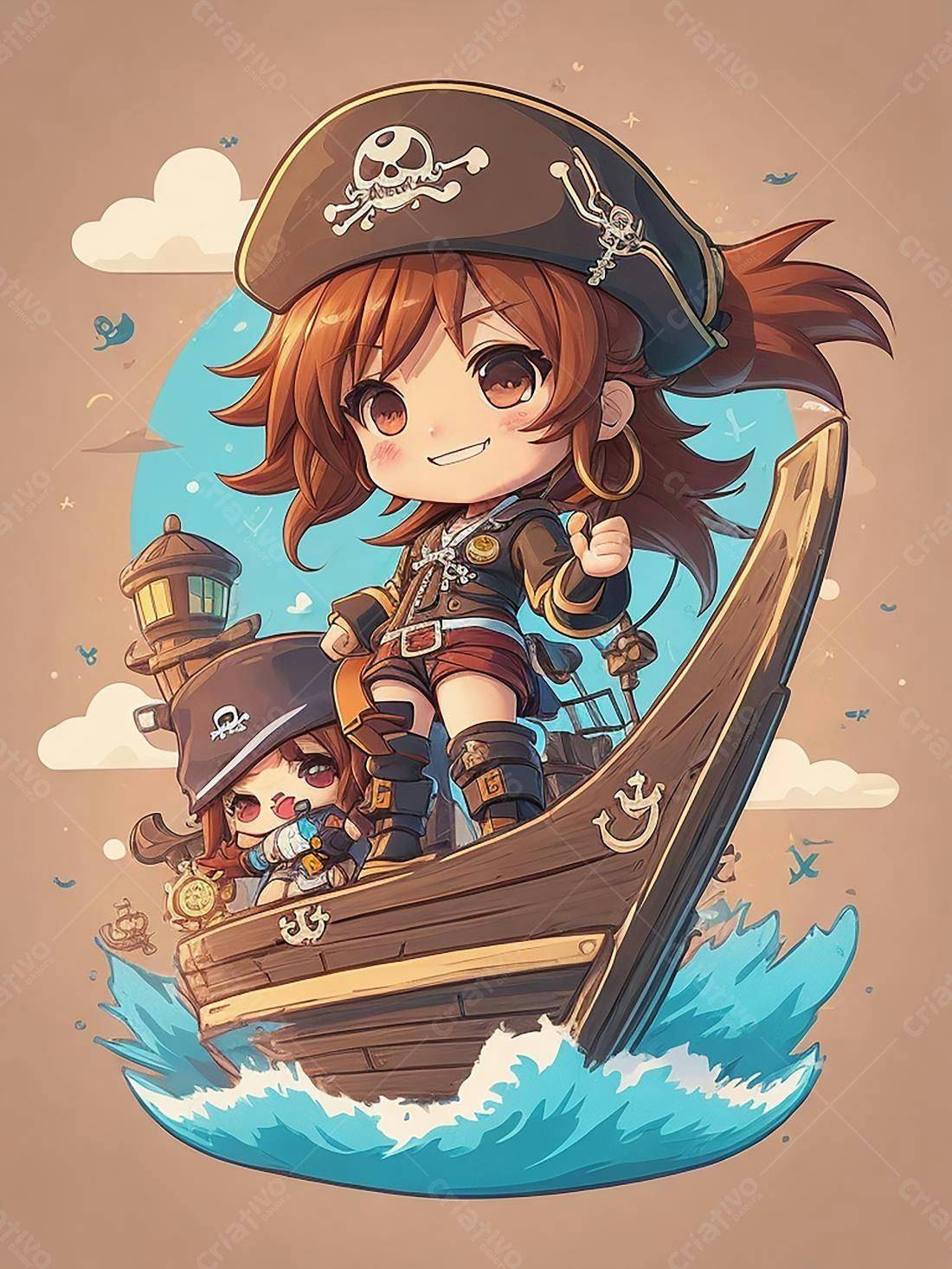 Pirata fofa em navio chibi estilo anime